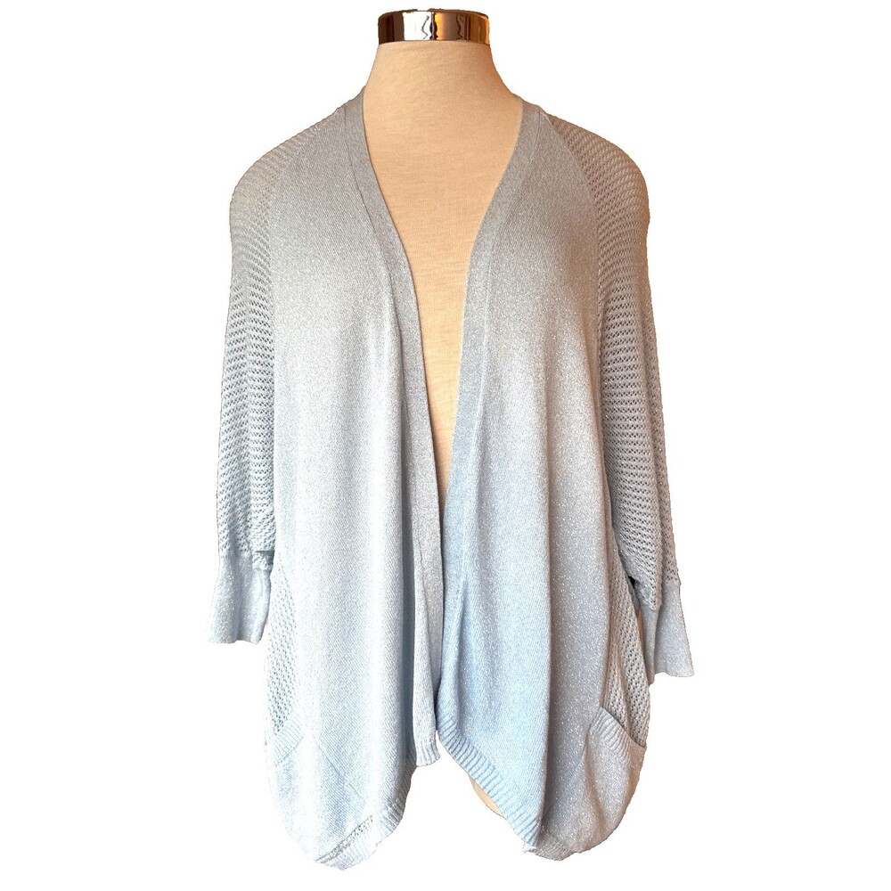 CHICOS TRAVELERS Sz. 1 Icy Blue Fisherman Knit Open Front Shimmer Boho Cardigan